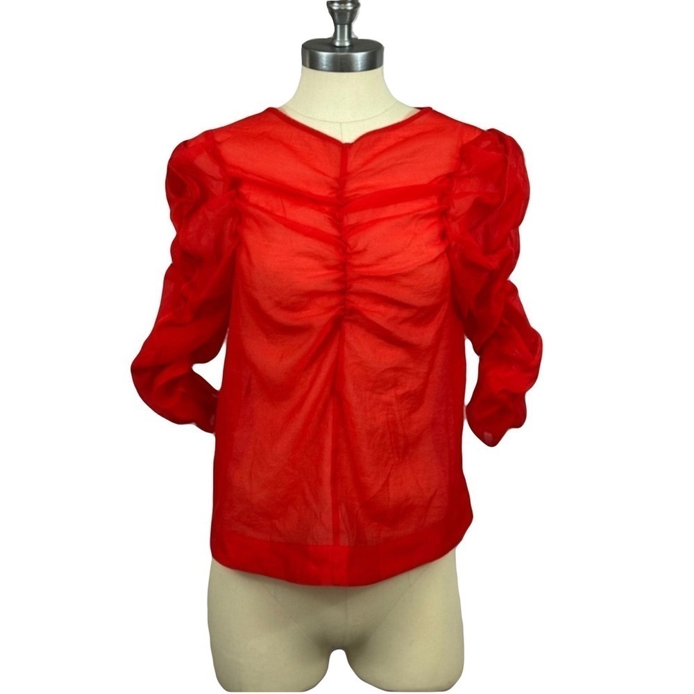 H&M women’s red see through ruffled fitted blouse